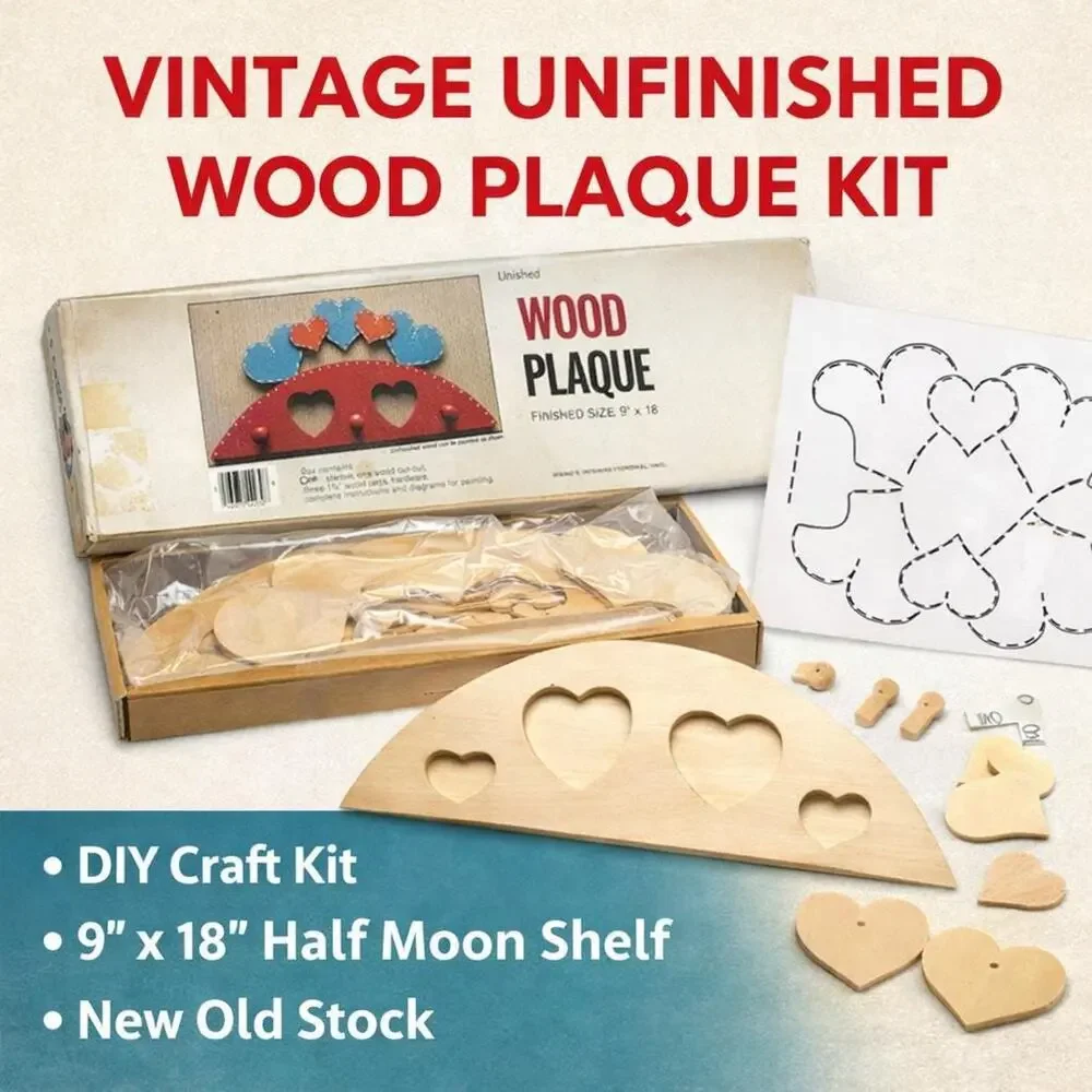 Vintage Heart Wood Plaque DIY Kit Unfinished Craft Project - 9x18 Shelf - NOS